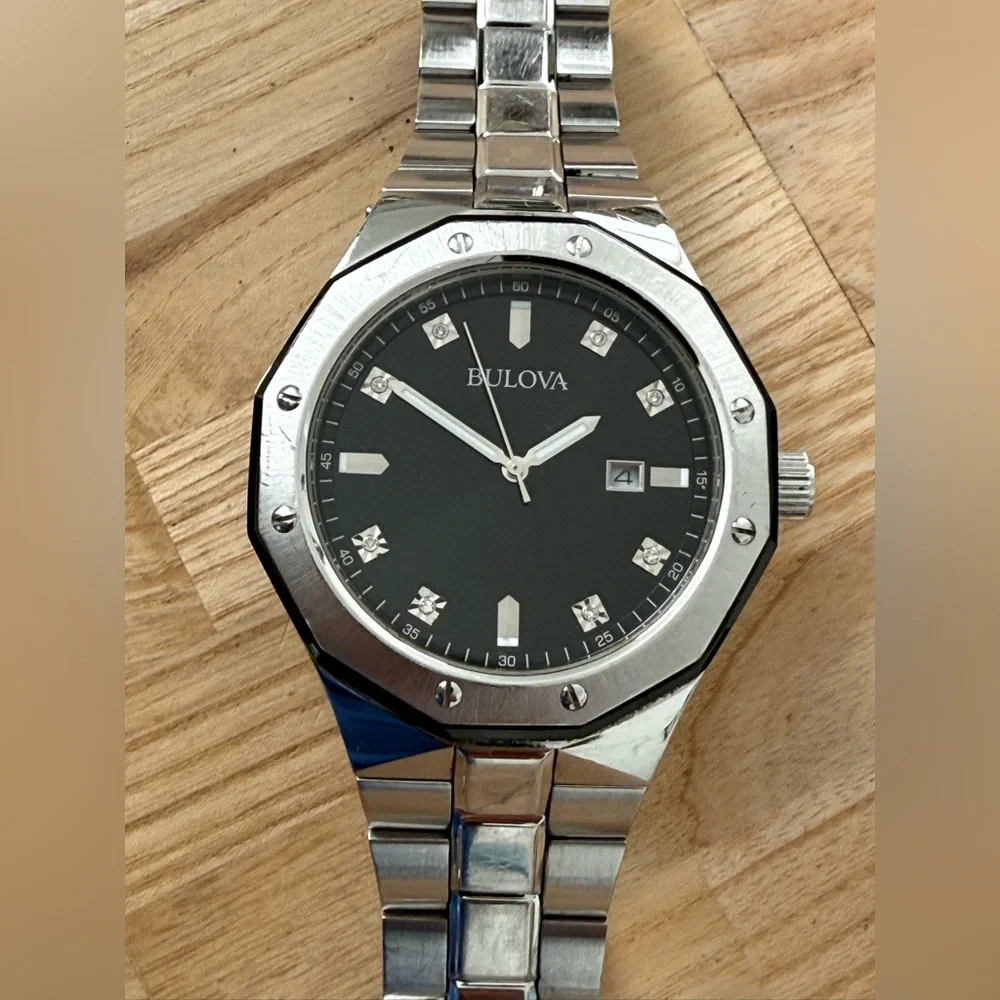 Bulova Classic Diamond Markers Men’s Watch Black Dial Stainless Bracelet Date